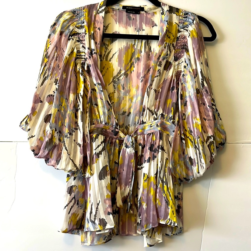 BCBGMaxAzria Multi-Color Print Tie-Waist Blouse, S